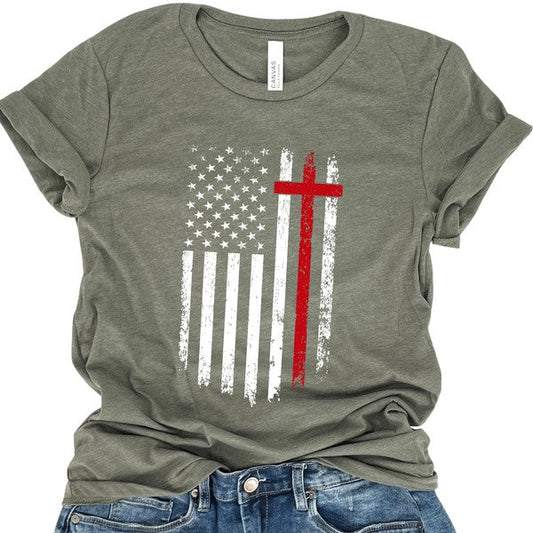 American Flag Red Stripe Cross Distressed T-shirt - Concordia Style Boutique