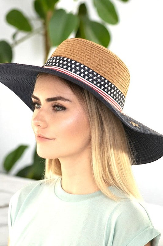American Flag Printed Straw Floppy Hat