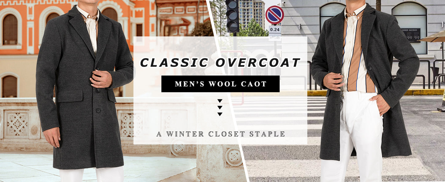 Lisskolo Men's Classic Wool Trench Overcoat - Single Breasted Mid Long Wool Blend Top Pea Coat/ Jacket - Premium Jacket from Concordia Style Boutique - Just $47.28! Shop now at Concordia Style Boutique