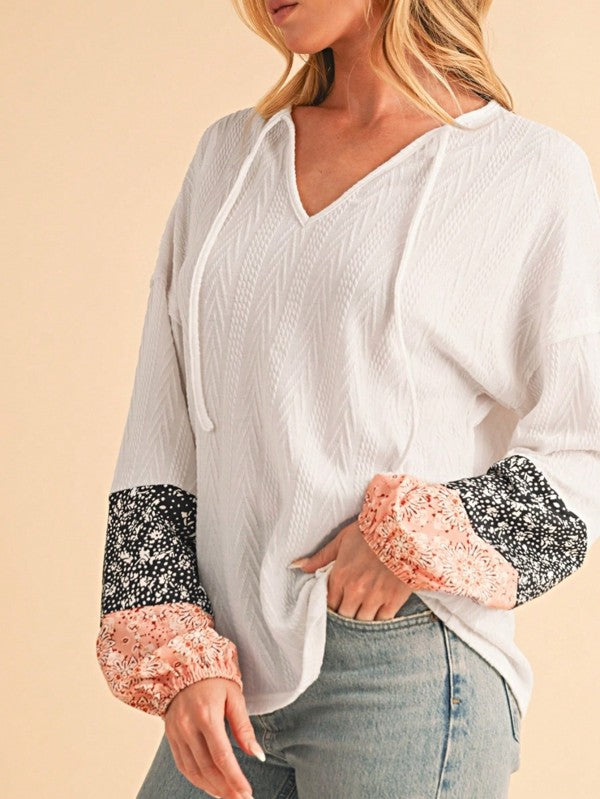 Floral Patchwork Cable Texture Drawstring V Top