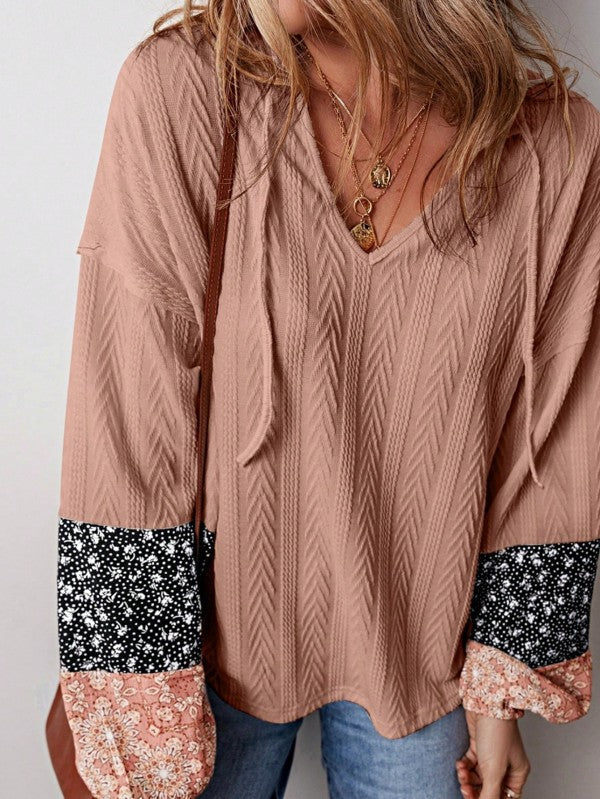 Floral Patchwork Cable Texture Drawstring V Top