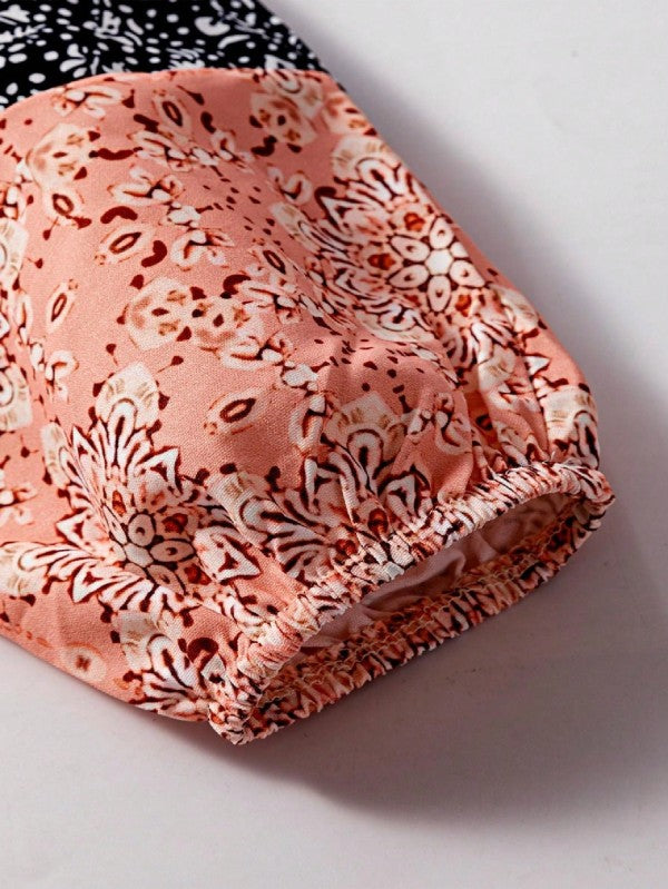 Floral Patchwork Cable Texture Drawstring V Top