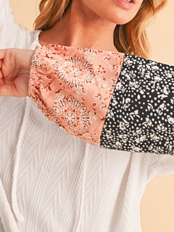 Floral Patchwork Cable Texture Drawstring V Top