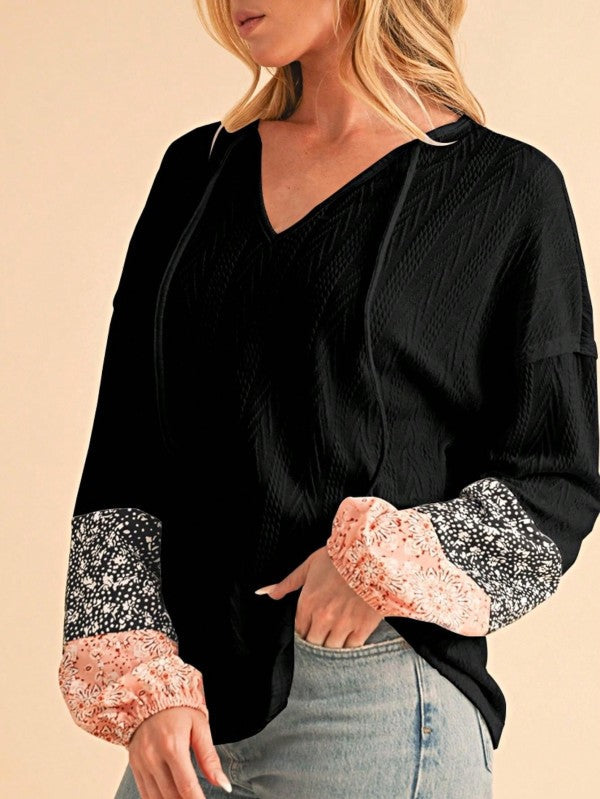 Floral Patchwork Cable Texture Drawstring V Top