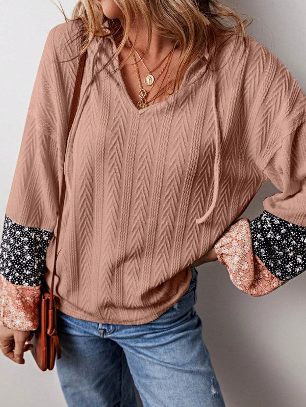 Floral Patchwork Cable Texture Drawstring V Top