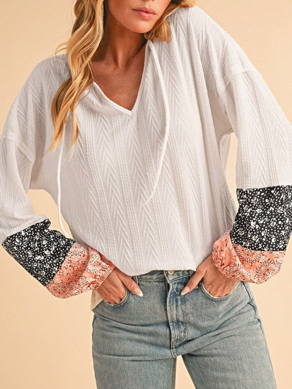 Floral Patchwork Cable Texture Drawstring V Top