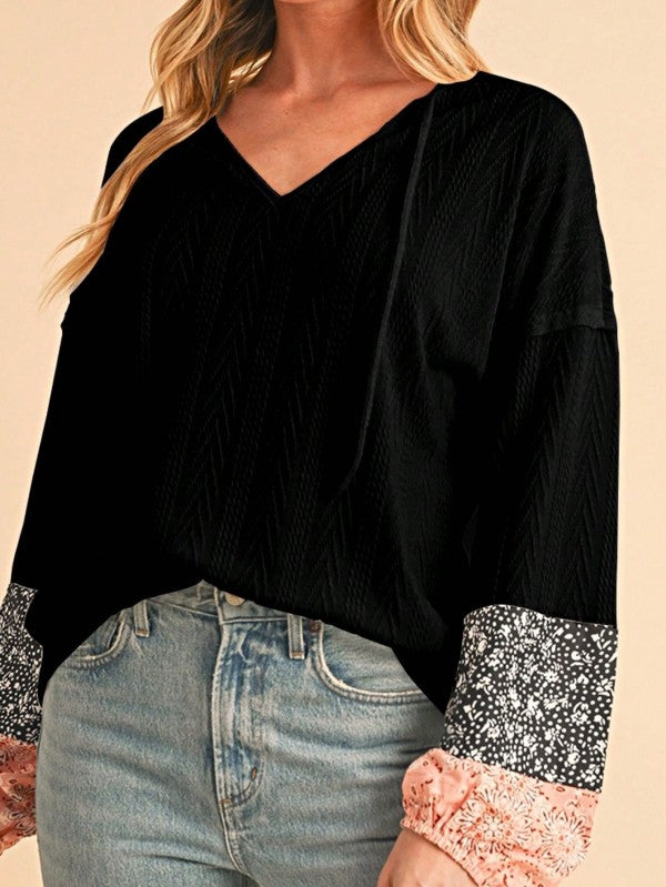 Floral Patchwork Cable Texture Drawstring V Top