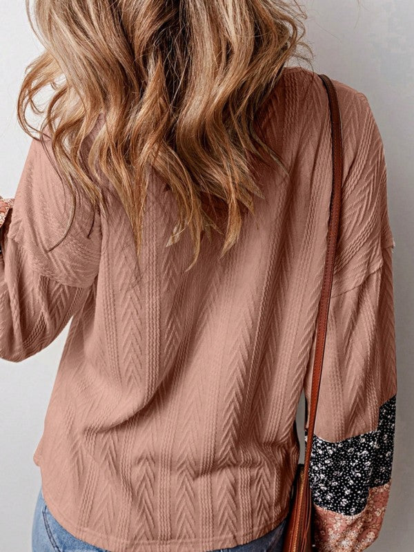 Floral Patchwork Cable Texture Drawstring V Top