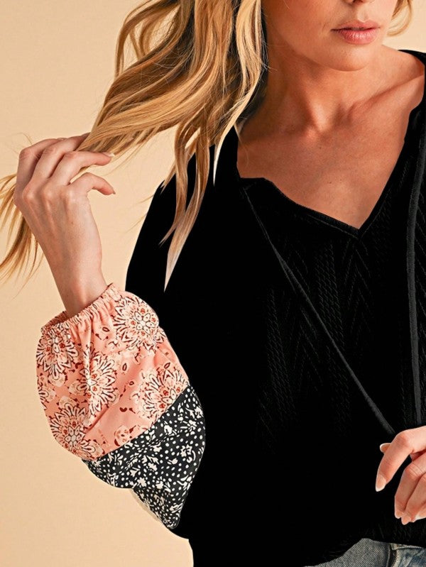 Floral Patchwork Cable Texture Drawstring V Top