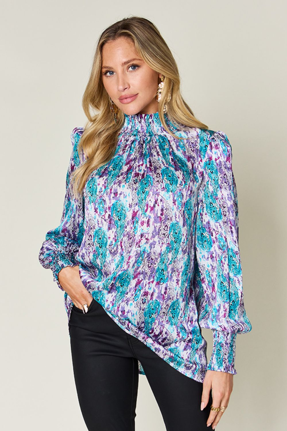 Double Take Full Size Printed Smocked Long Sleeve Blouse - Concordia Style Boutique