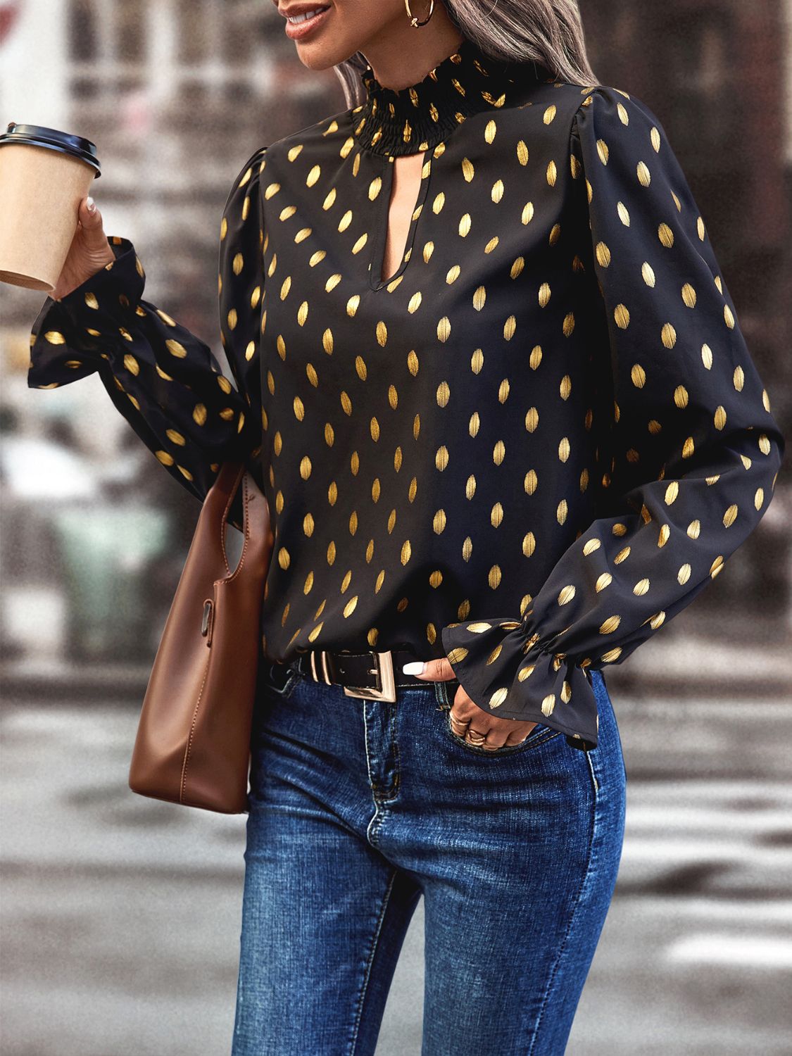 Cutout Printed Mock Neck Flounce Sleeve Blouse - Premium shirt from Concordia Style Boutique - Just $20.76! Shop now at Concordia Style Boutique