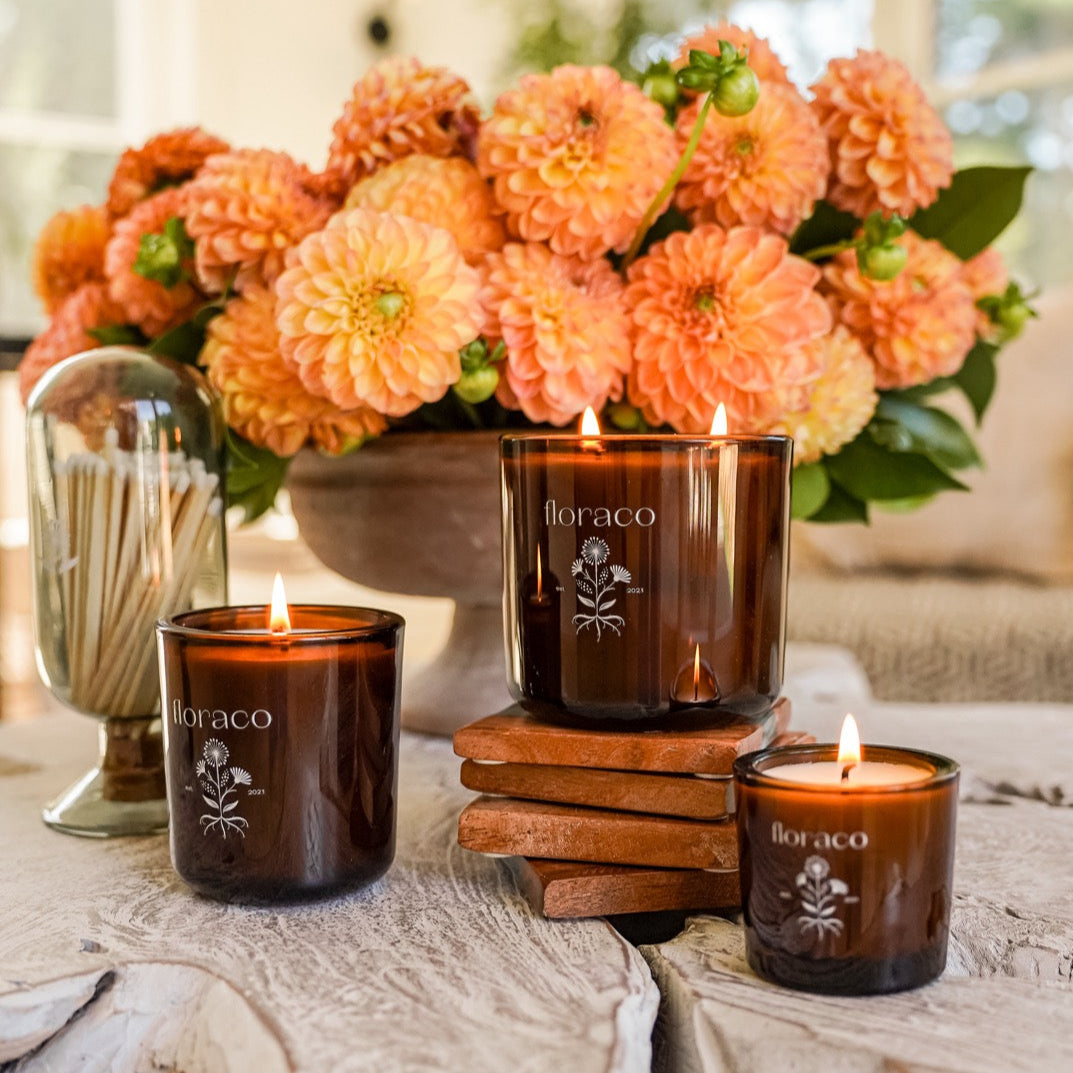 Candle Magnolia Mint Amber Glass: Wild Mint, Orange Blossom, Eucalyptus, Lemon, Mint + Tomato Leaf Scented