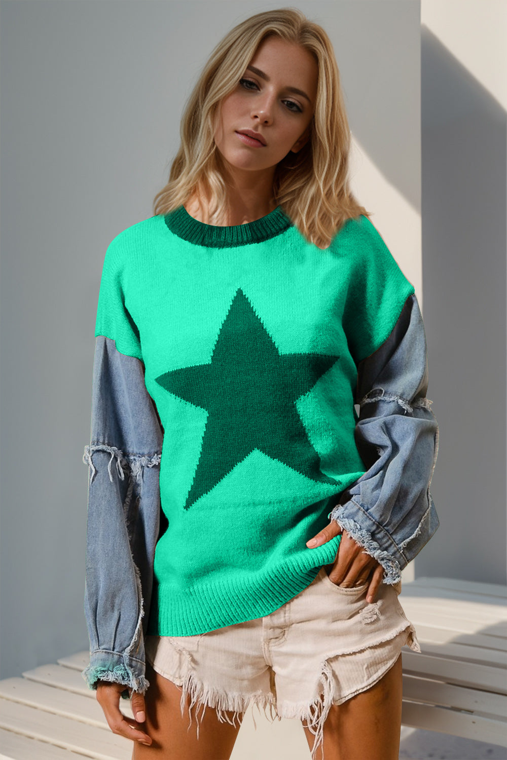 Double Take Full Size Star Pattern Raw Edge Long Sleeve Sweater - Concordia Style Boutique