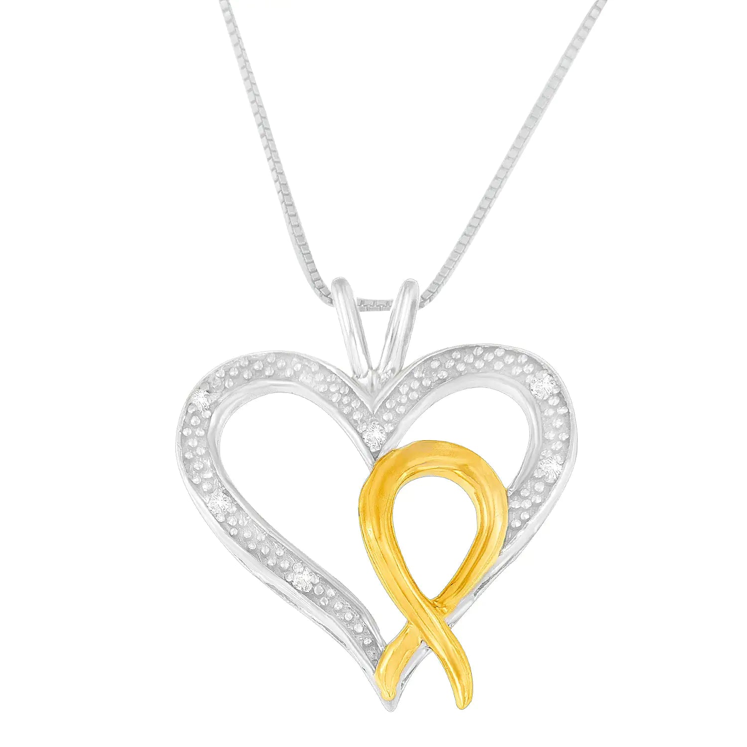 .925 Sterling Silver Two Toned 1/25 cttw Diamond Heart-Ribbon Pendant Necklace (I-J, I2-I3) - Concordia Style Boutique