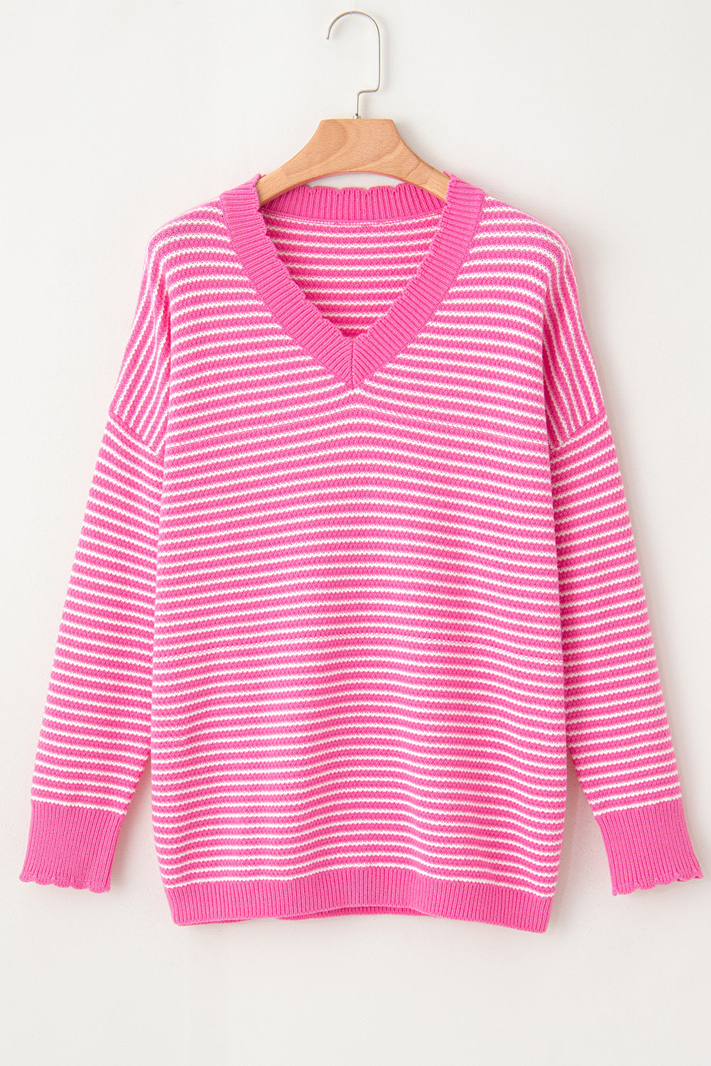 Alana Striped Scallop V Neck Loose Sweater - Concordia Style Boutique