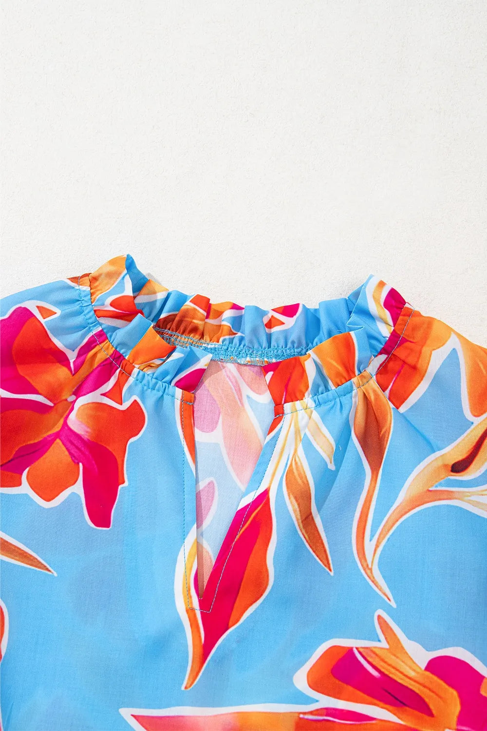 Floral Print Notched Pompom Trim Flutter Sleeve Blouse - Concordia Style Boutique