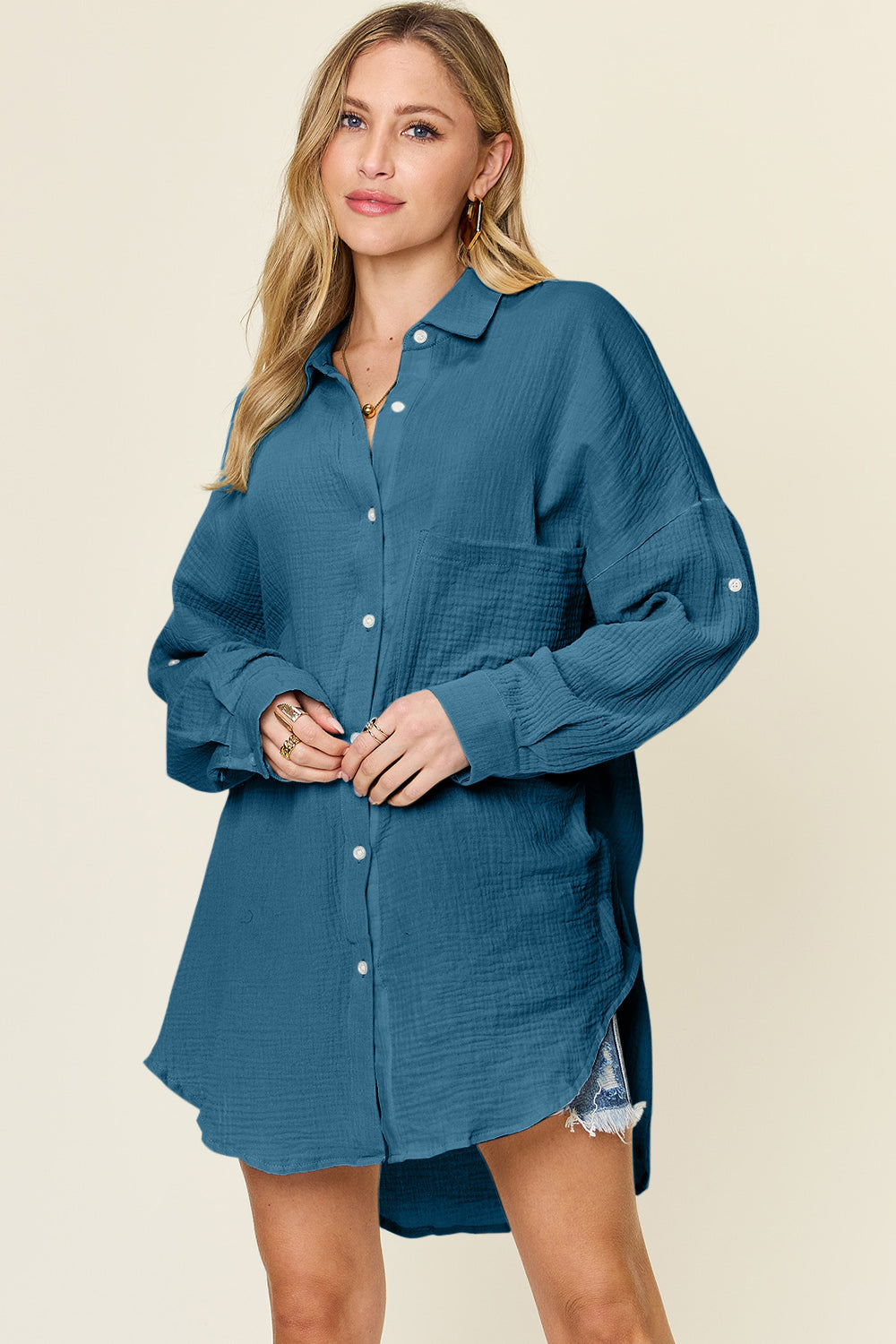 Double Take Full Size Pocketed Texture Button Up Shirt - Concordia Style Boutique