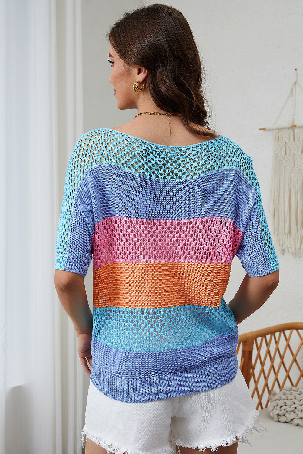 April Knitted Eyelet Colorblock Striped Half Sleeves Top - Concordia Style Boutique