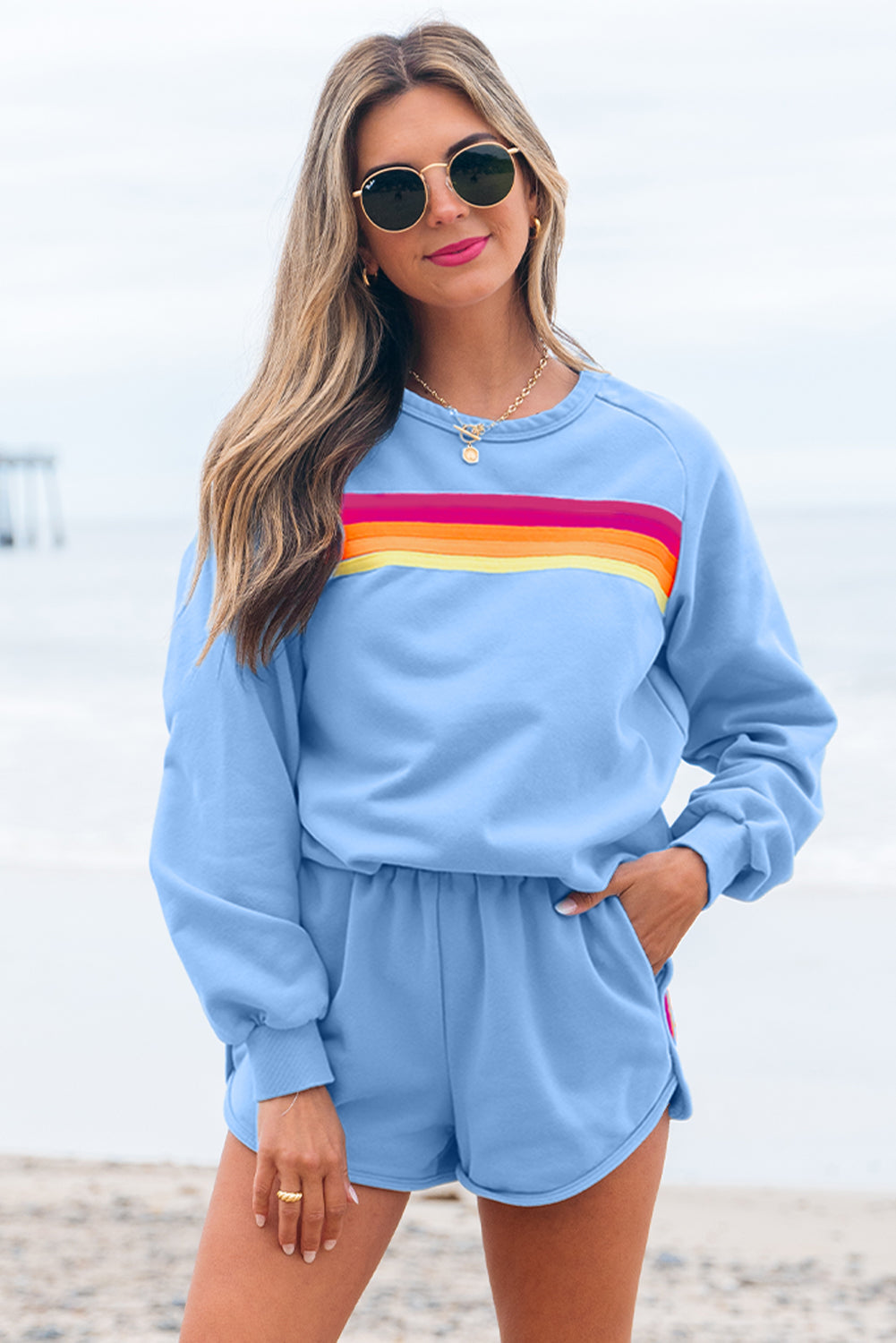 Luxury Striped Accent Pullover and Shorts Two Piece Casual Set - Concordia Style Boutique