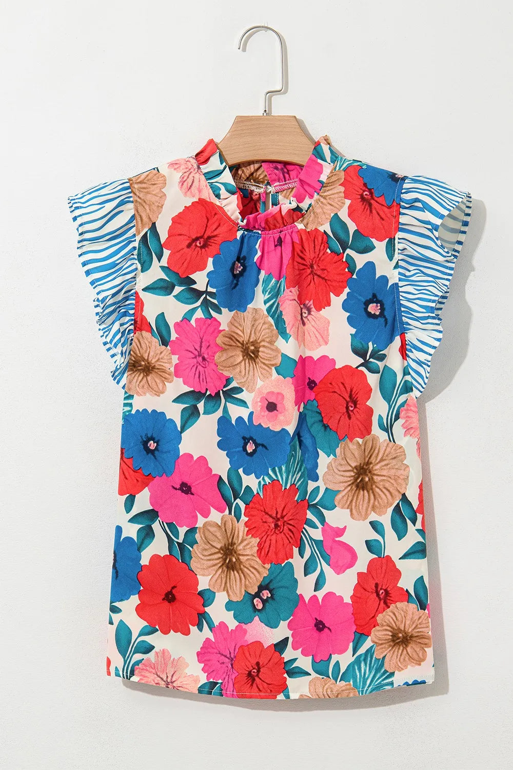 Floral Mock Neck Striped Cap Sleeve Blouse - Concordia Style Boutique