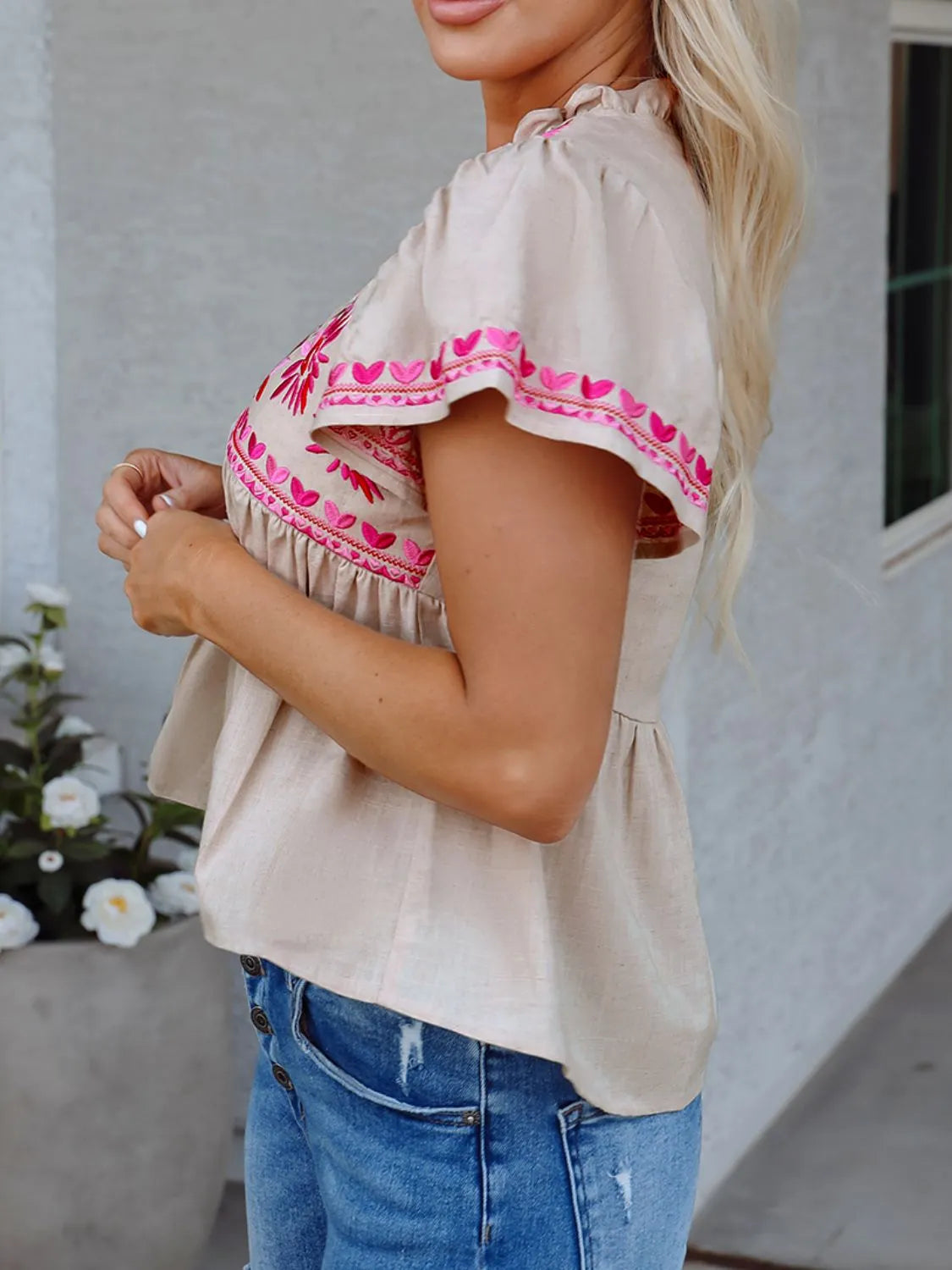 Floral Embroidered Short Sleeve Notched Blouse - Concordia Style Boutique