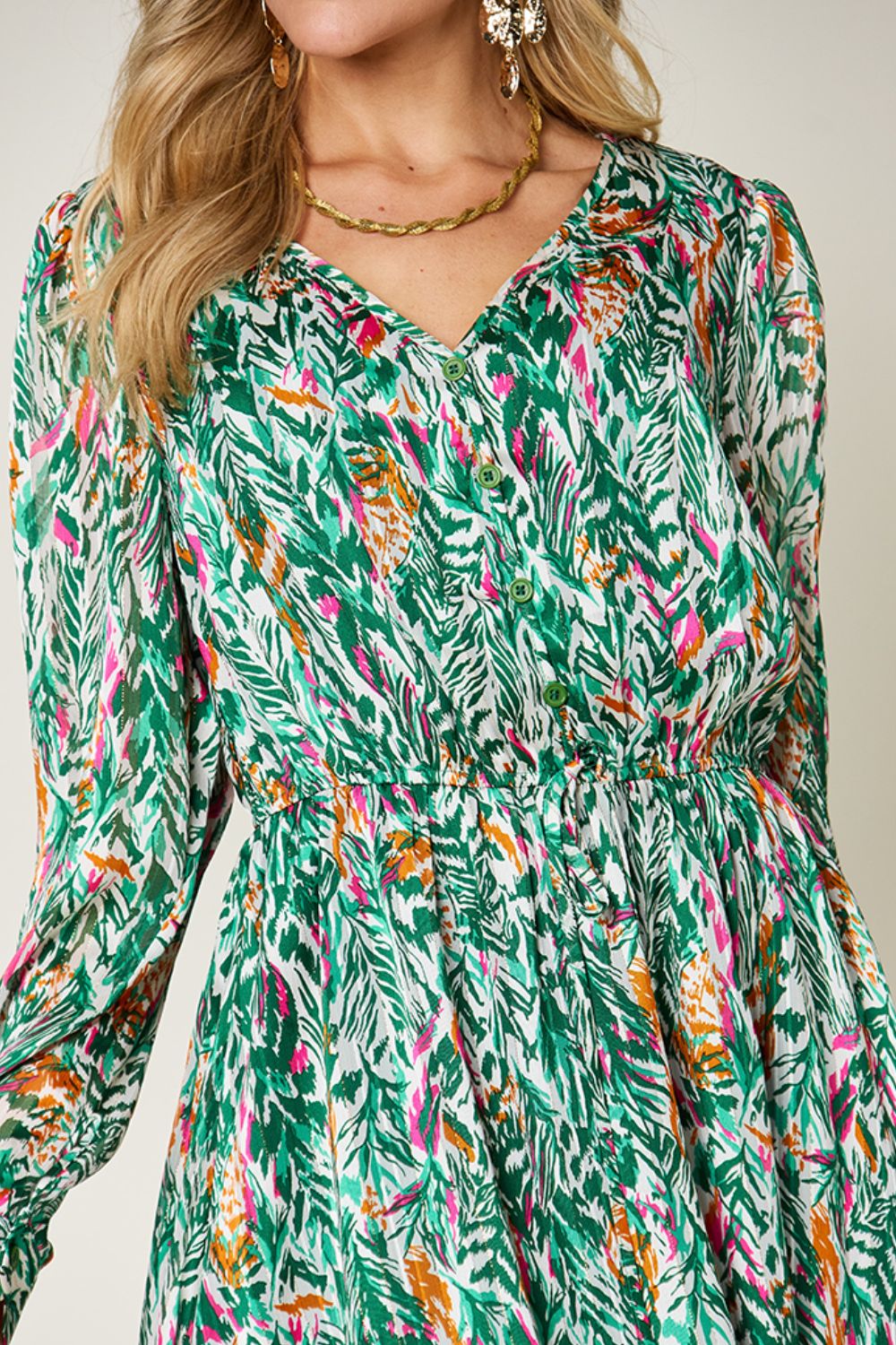Double Take Full Size Printed Drawstring Waist Long Sleeve Dress - Concordia Style Boutique