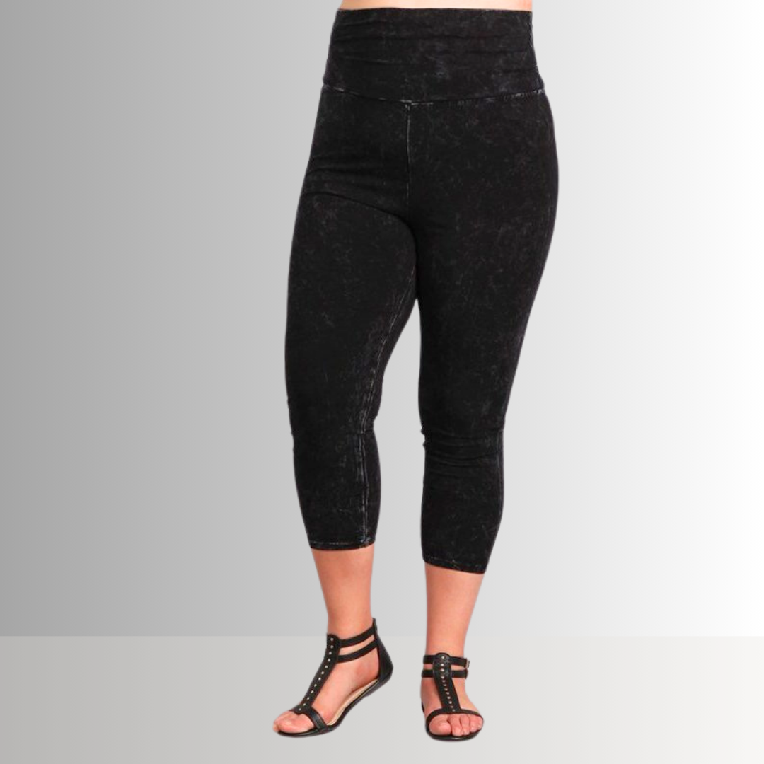 Fold Over Waist Mineral Washed Capri Leggings Made in USA Plus Size - Concordia Style Boutique