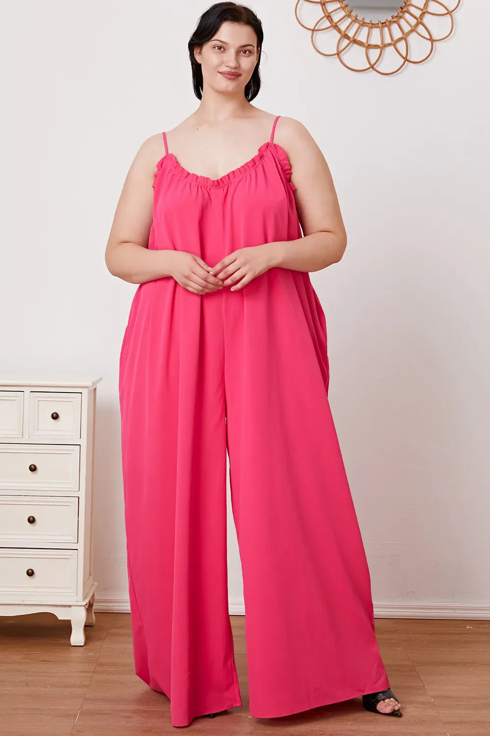 Double Take Full Size Ruffle Trim Tie Back Cami Jumpsuit with Pockets - Concordia Style Boutique