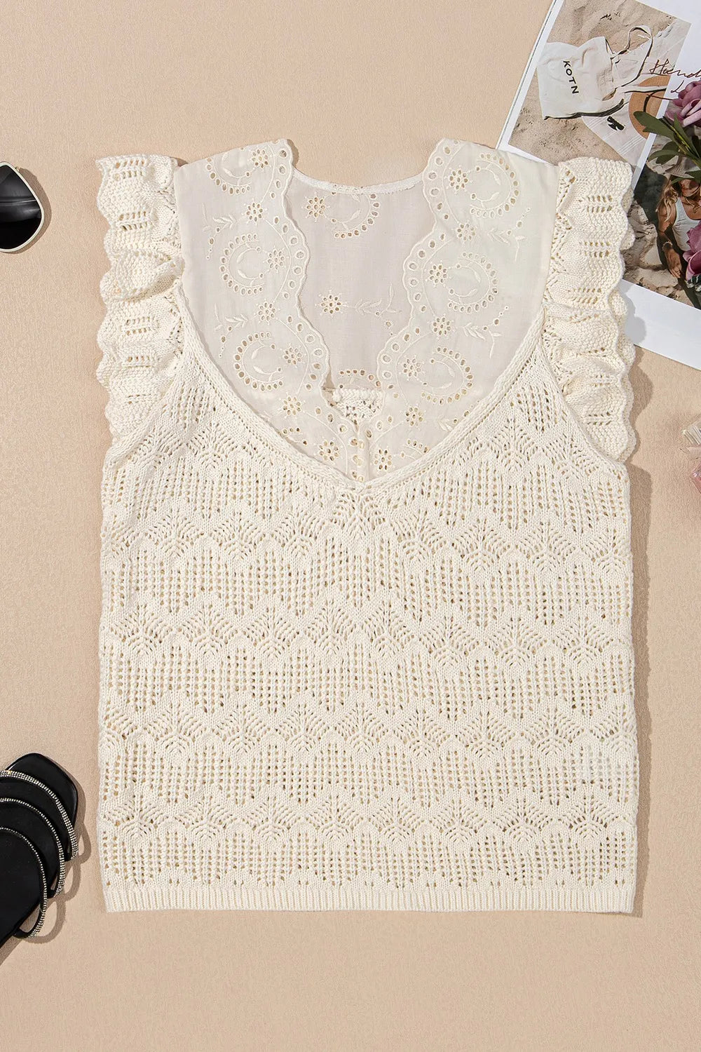 Embroidered Patchwork Hollow Out Knitted Ruffle Sweater Vest - Concordia Style Boutique