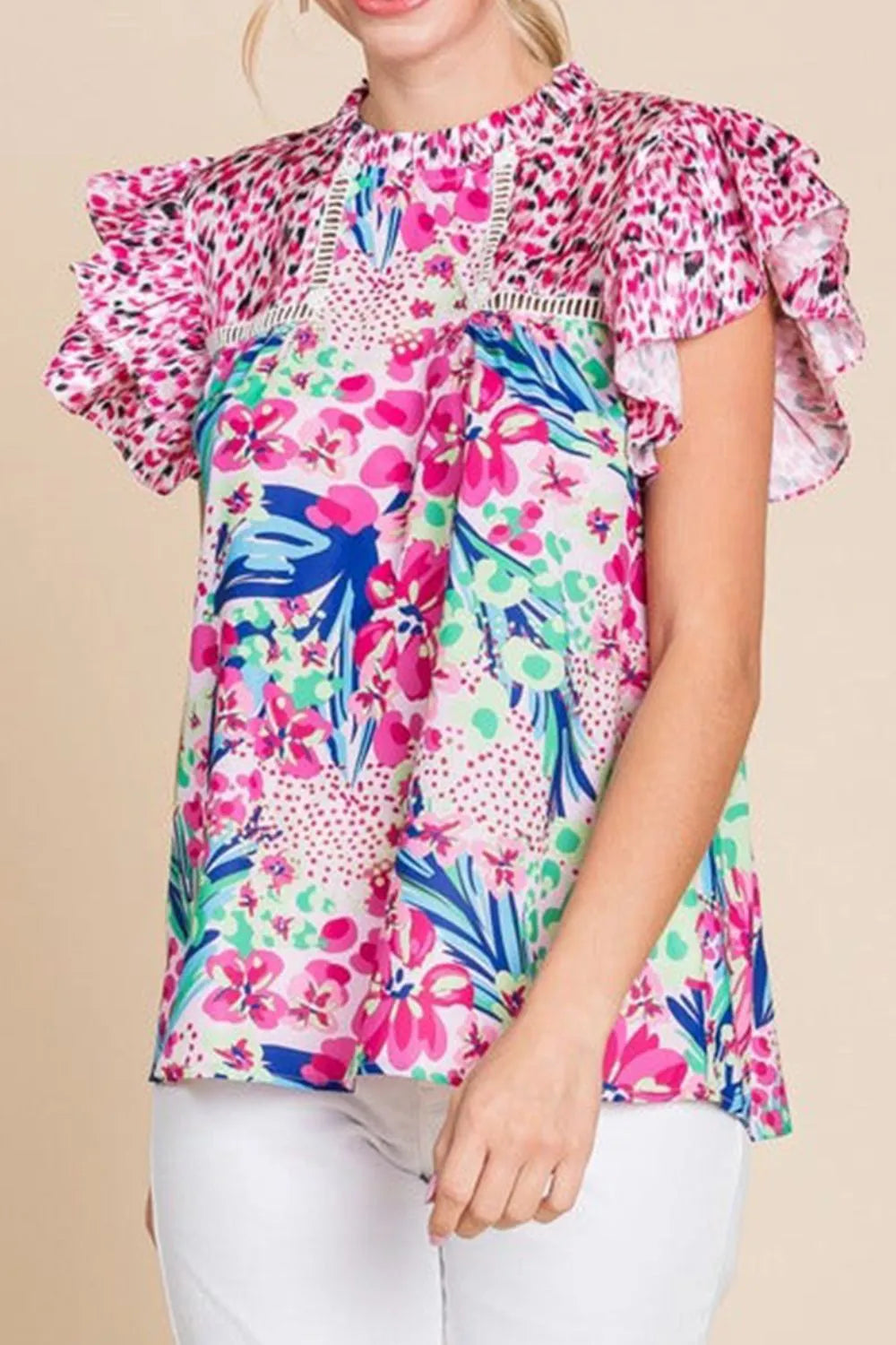 Floral Mixed Print Ruffle Cap Sleeve Blouse - Concordia Style Boutique
