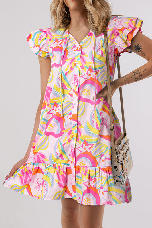 Luxury Abstract Floral Ruffle Trim Flutter Sleeve Buttoned Dress - Concordia Style Boutique