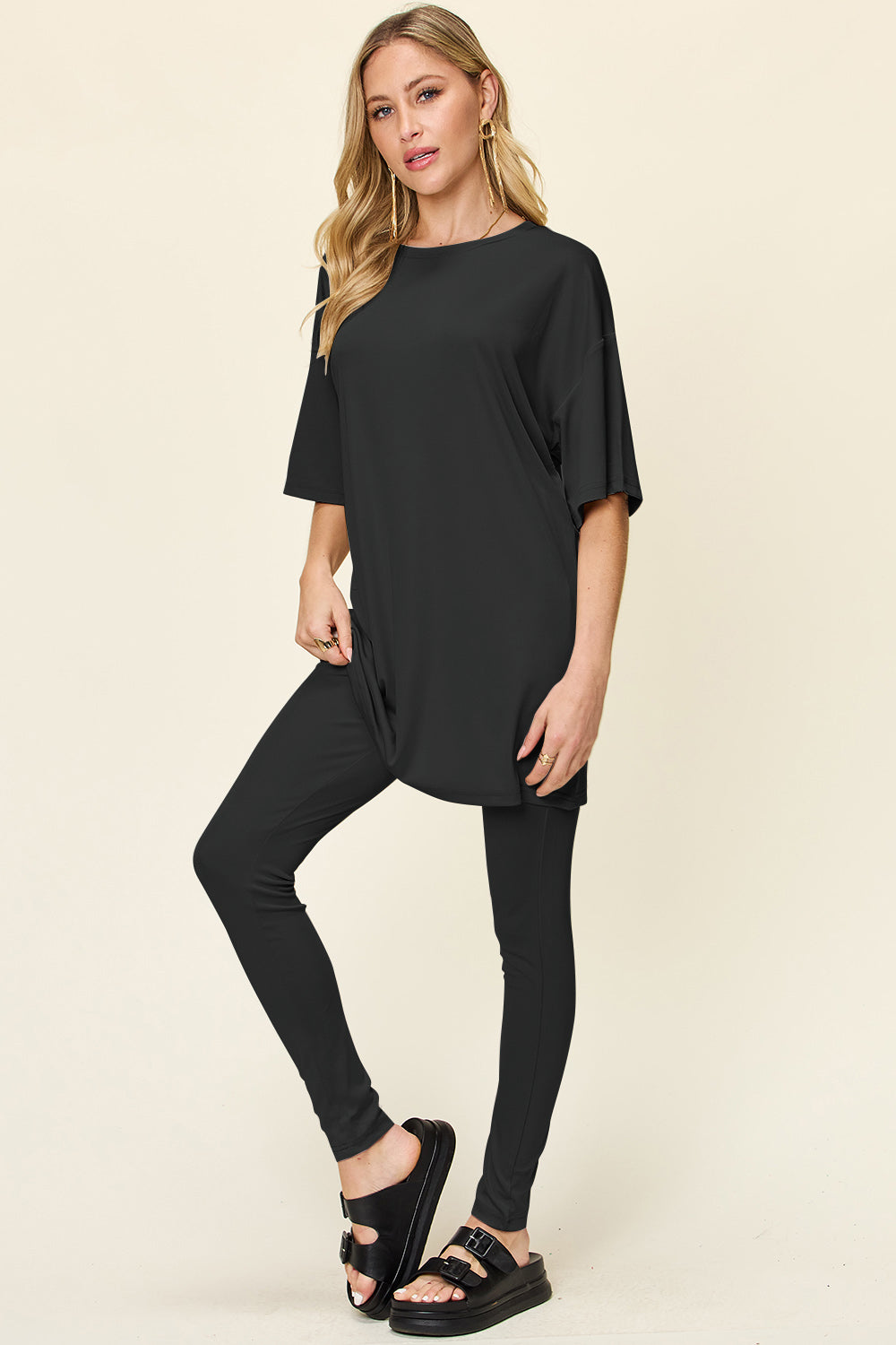 Double Take Full Size Round Neck Dropped Shoulder T-Shirt and Leggings Set - Concordia Style Boutique