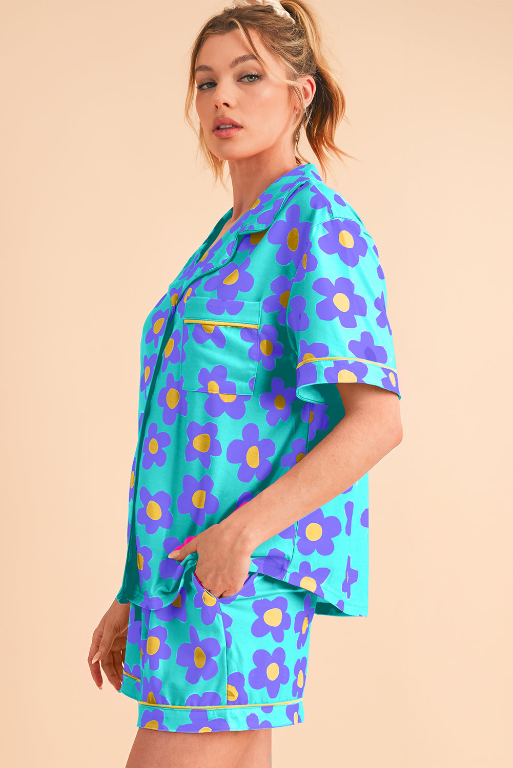 Luxury Flower Print Buttoned Shirt And Drawstring Waist Pajama Set - Concordia Style Boutique