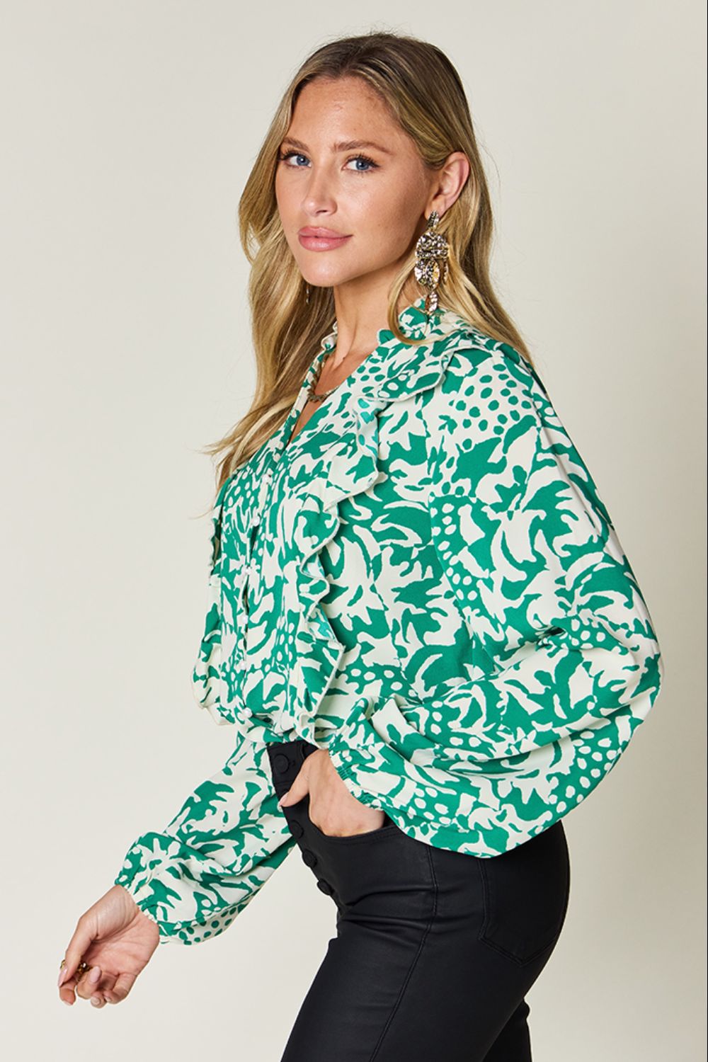 Double Take Full Size Printed Ruffle Trim Balloon Sleeve Shirt - Concordia Style Boutique