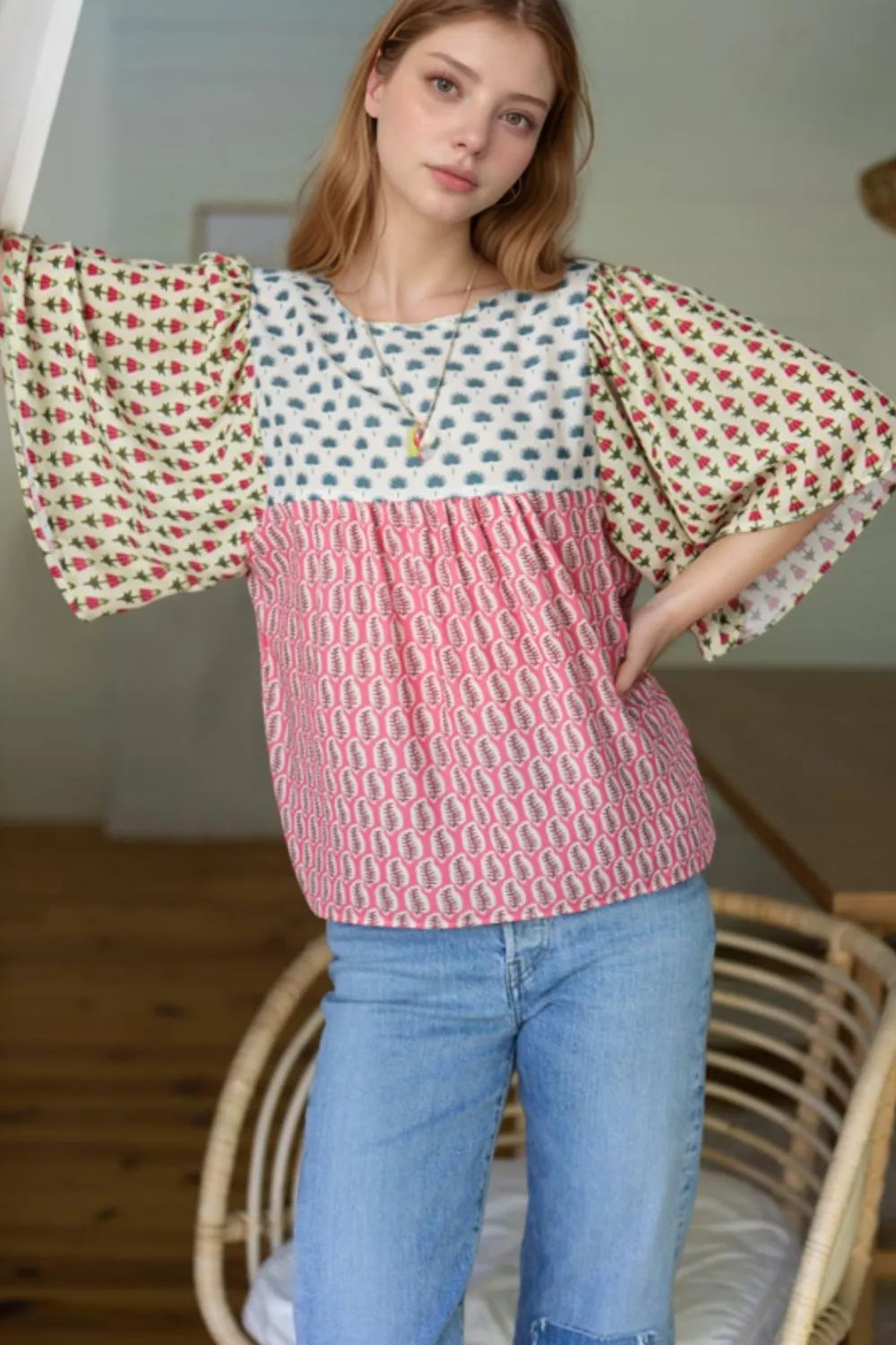 Floral Color Block Kimono Sleeves Blouse - Concordia Style Boutique