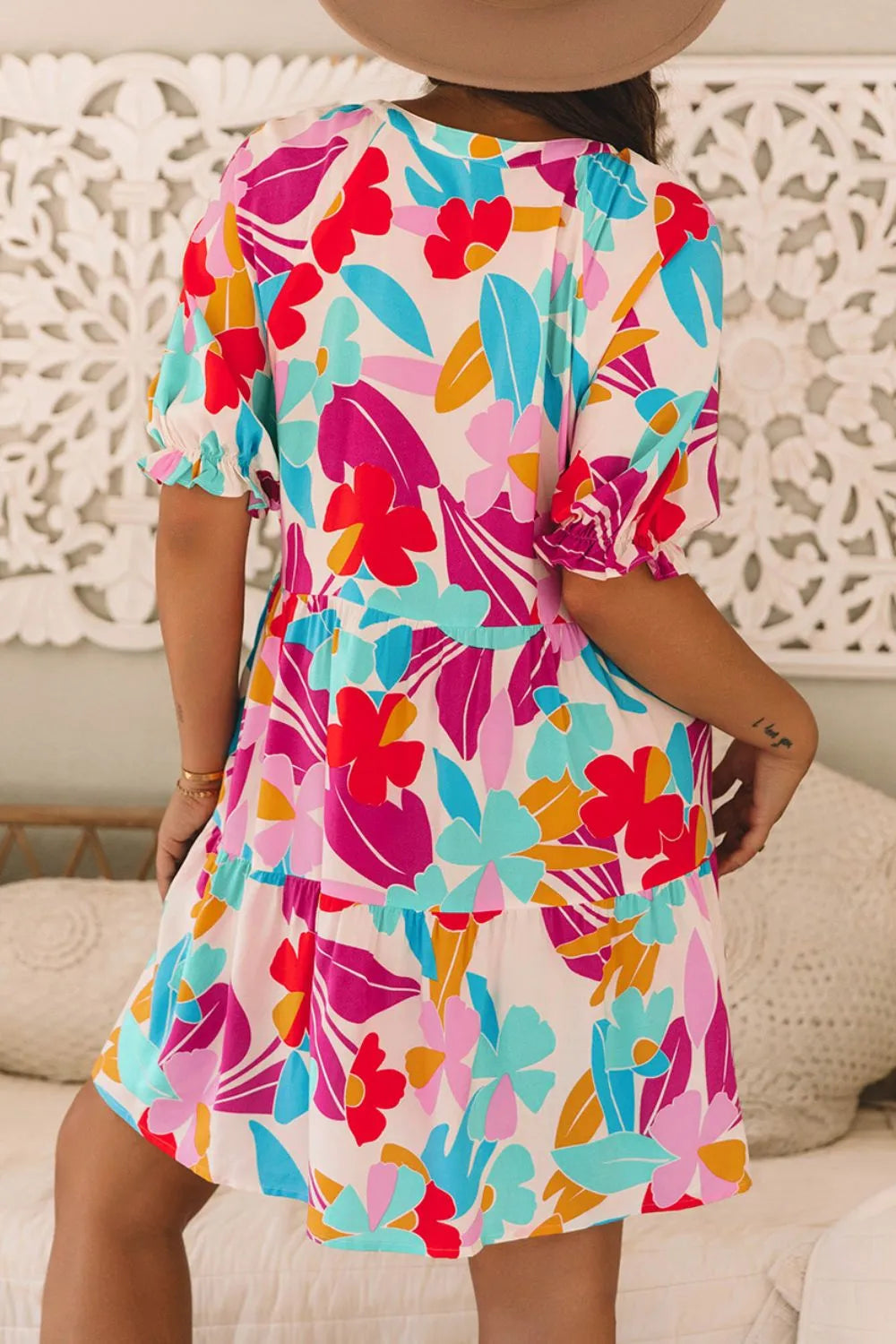 Floral Bubble Sleeve V Neck Tiered Ruffle Babydoll Dress - Concordia Style Boutique