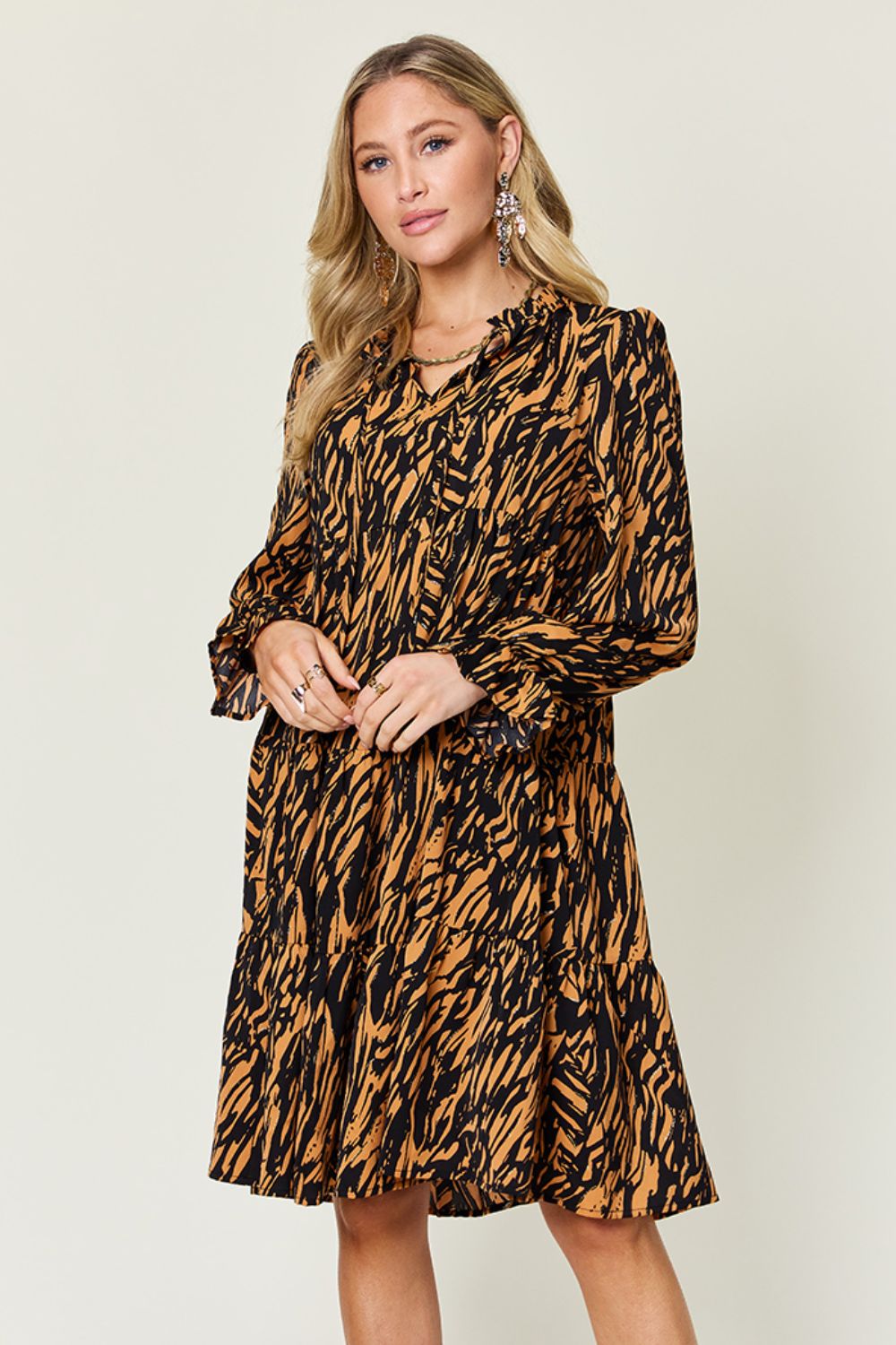 Double Take Full Size Printed Ruffle Hem Long Sleeve Dress - Concordia Style Boutique