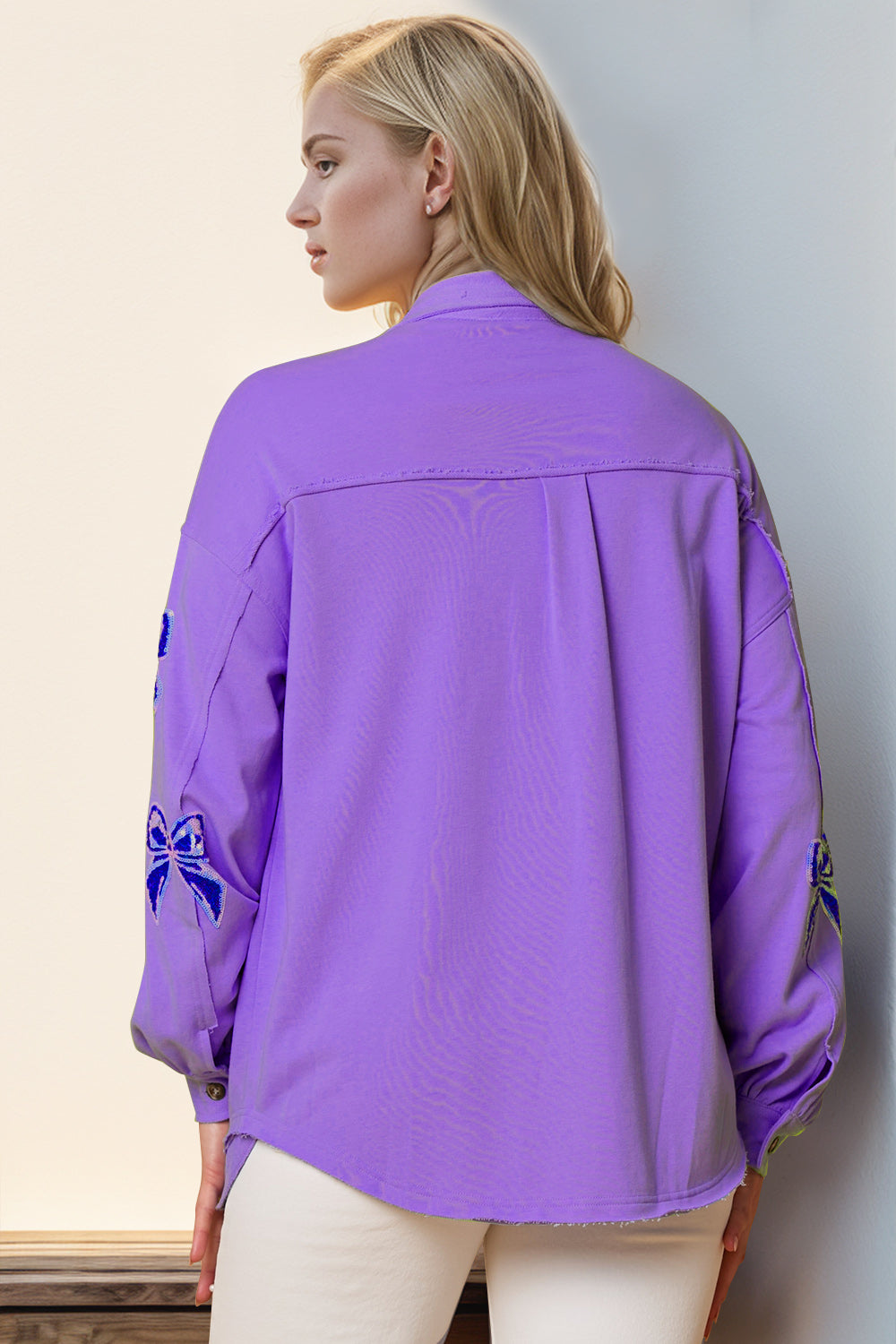 Double Take Full Size Sequin Bow Button Up Shacket - Concordia Style Boutique