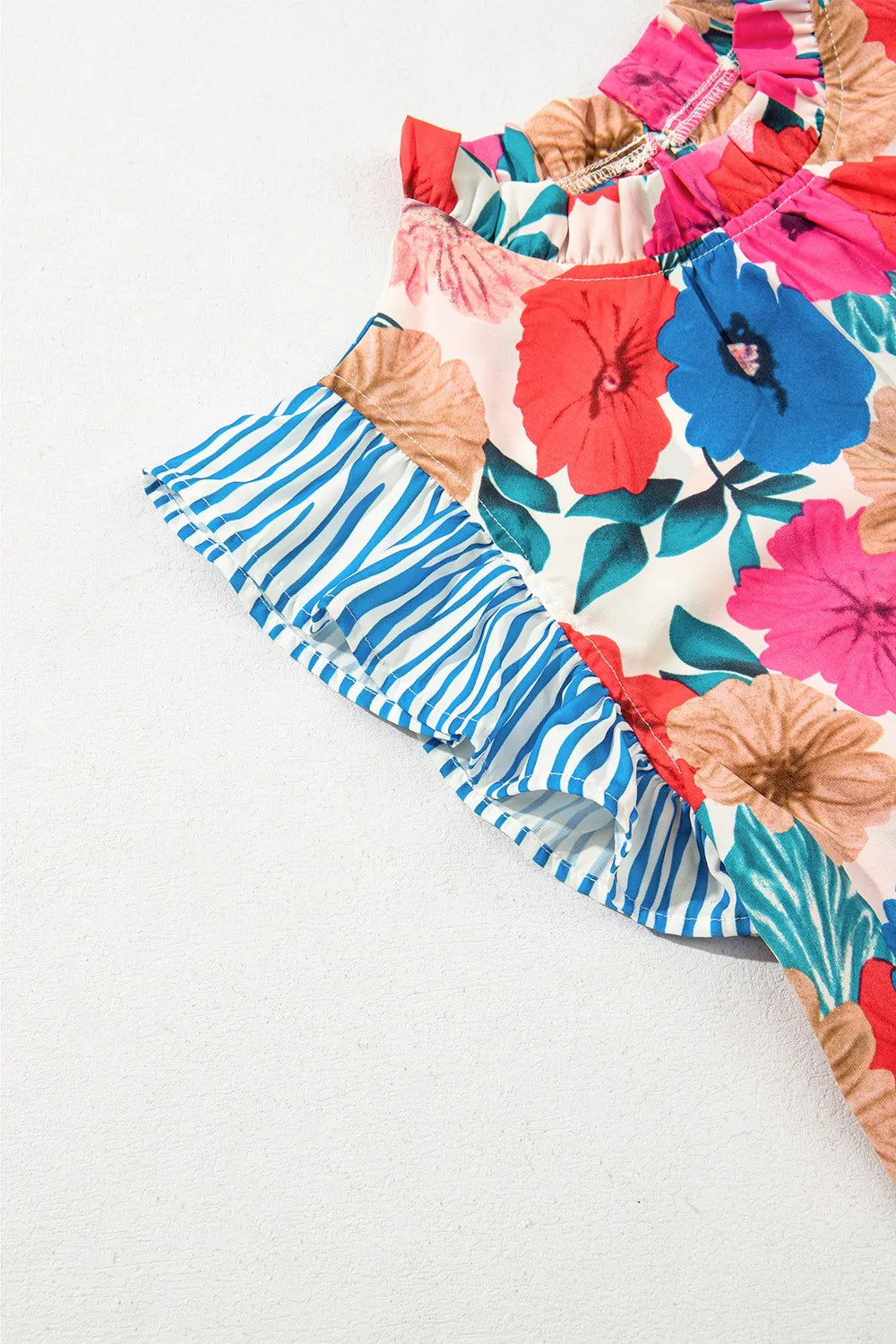 Floral Mock Neck Striped Cap Sleeve Blouse - Concordia Style Boutique