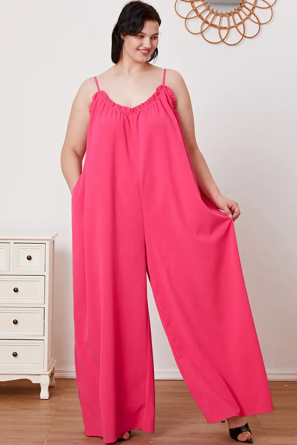 Double Take Full Size Ruffle Trim Tie Back Cami Jumpsuit with Pockets - Concordia Style Boutique