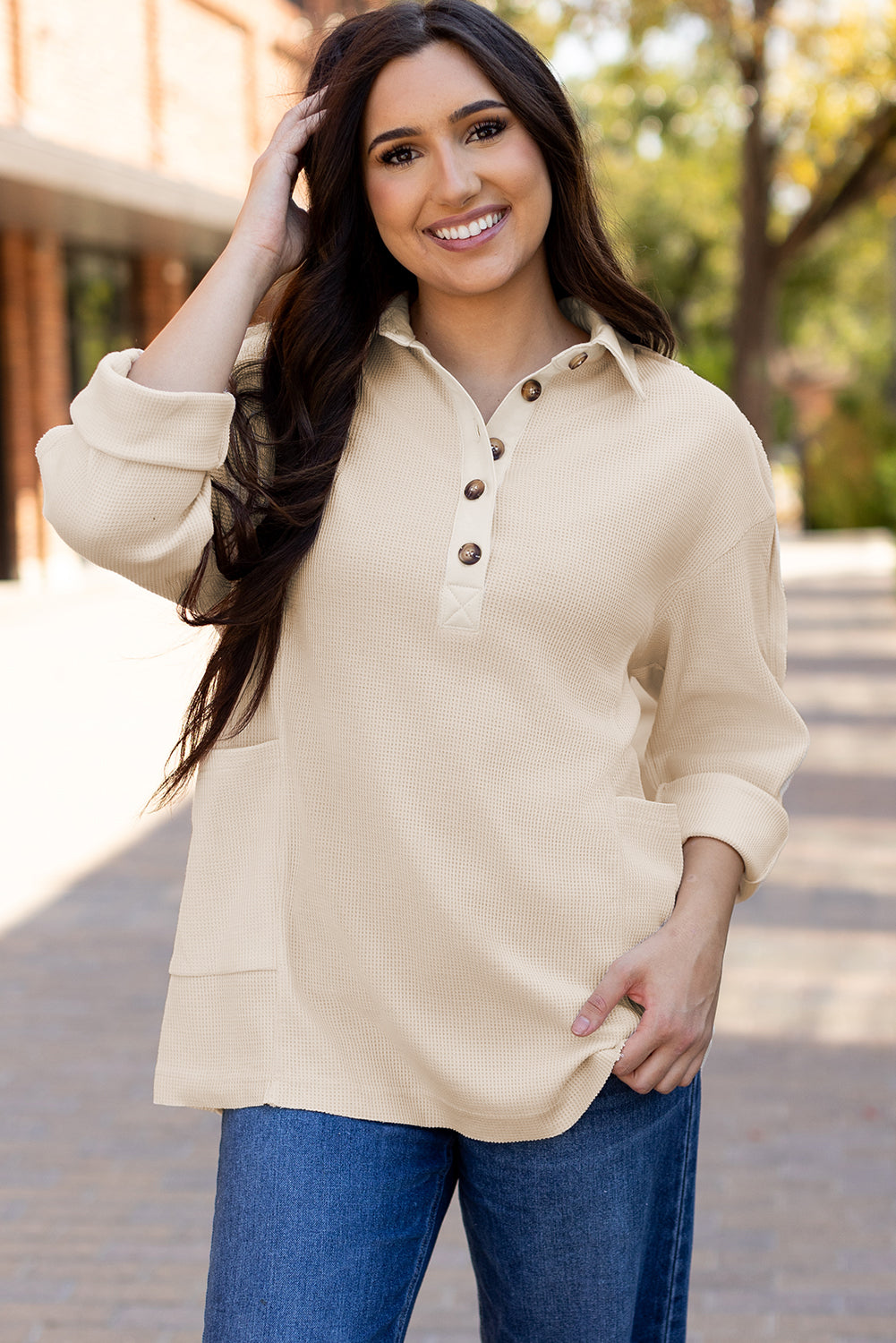 Arianna Waffle Half Button Top - Concordia Style Boutique