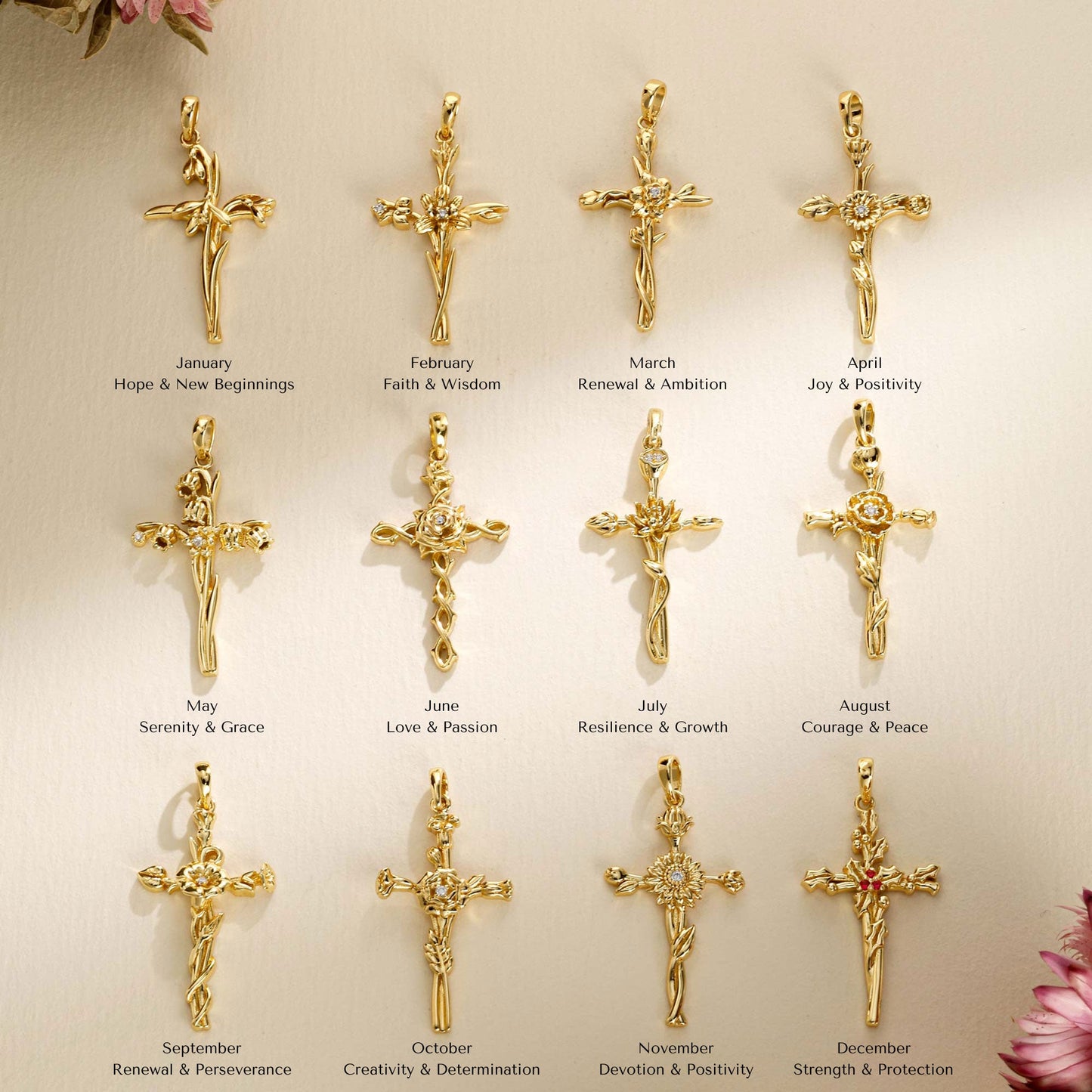 Floral Cross December Holly Birth Flower Necklace