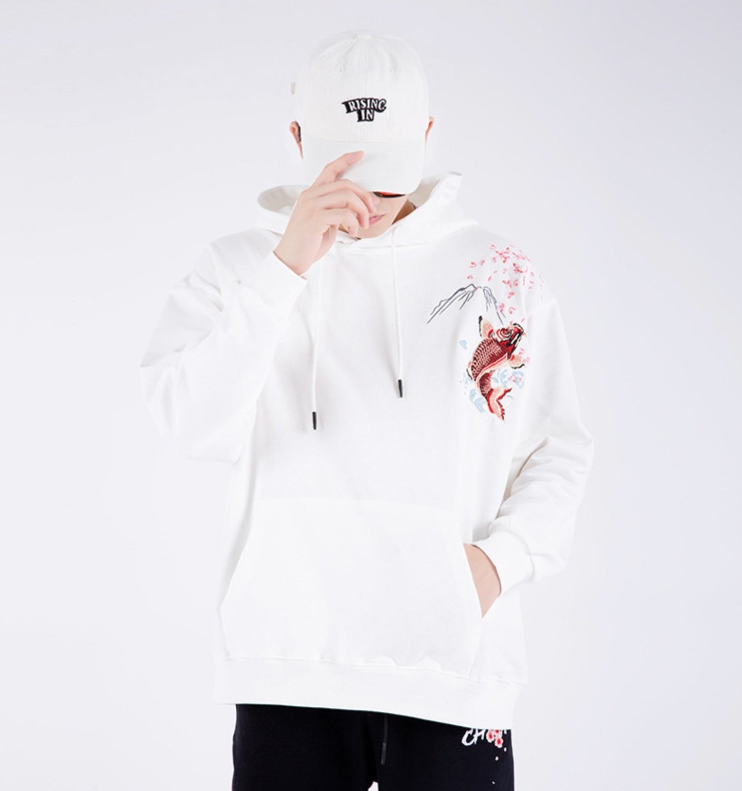 KH9197 Red Koi Embroidery Hoodie - Concordia Style Boutique