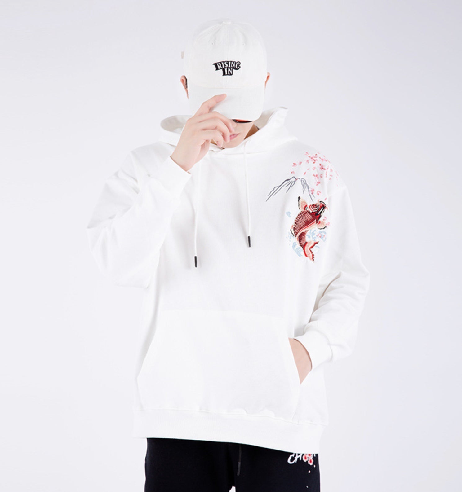 KH9197 Red Koi Embroidery Hoodie - Concordia Style Boutique