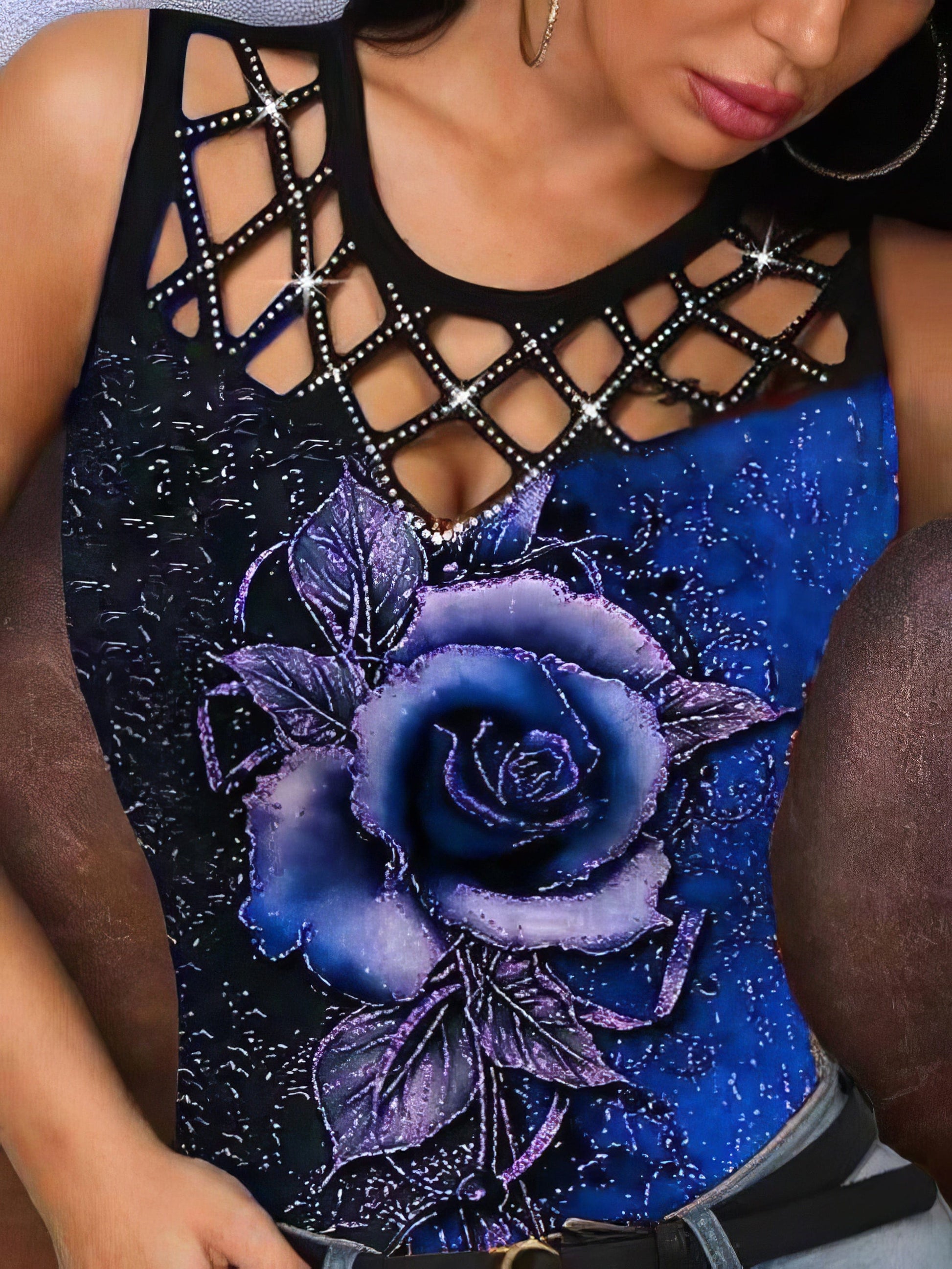 3D Rose Hollow Crew Neck Tank Top - Concordia Style Boutique