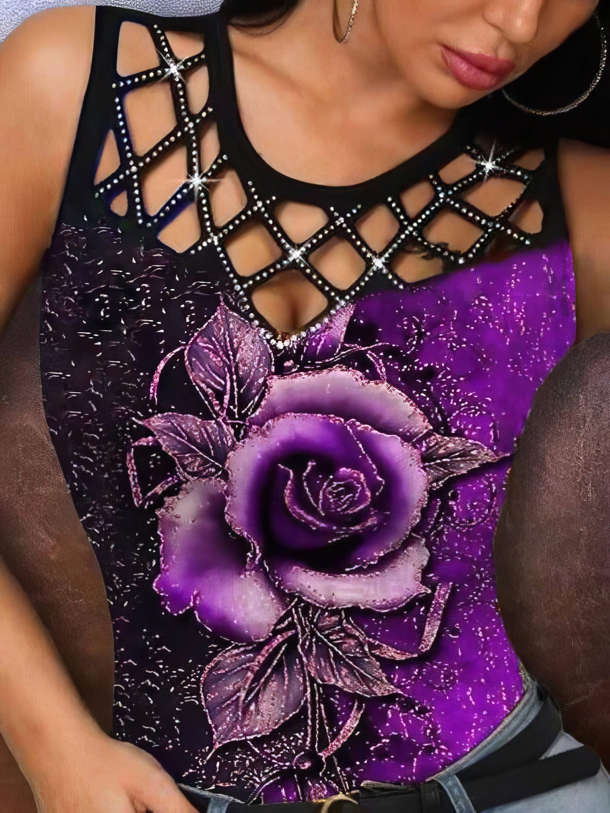 3D Rose Hollow Crew Neck Tank Top - Concordia Style Boutique