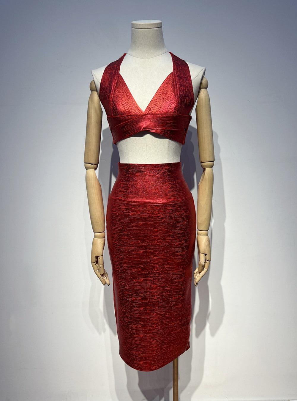 Sultry Backless Bandage Set | Sexy Deep V-neck Top & Skirt Set