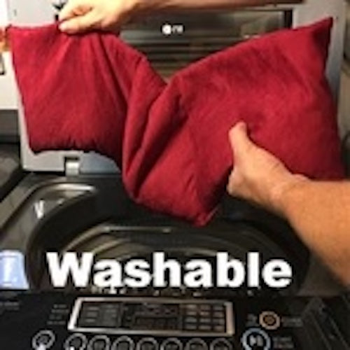 Hot Cherry Triple Square Pillow in Natural Denim