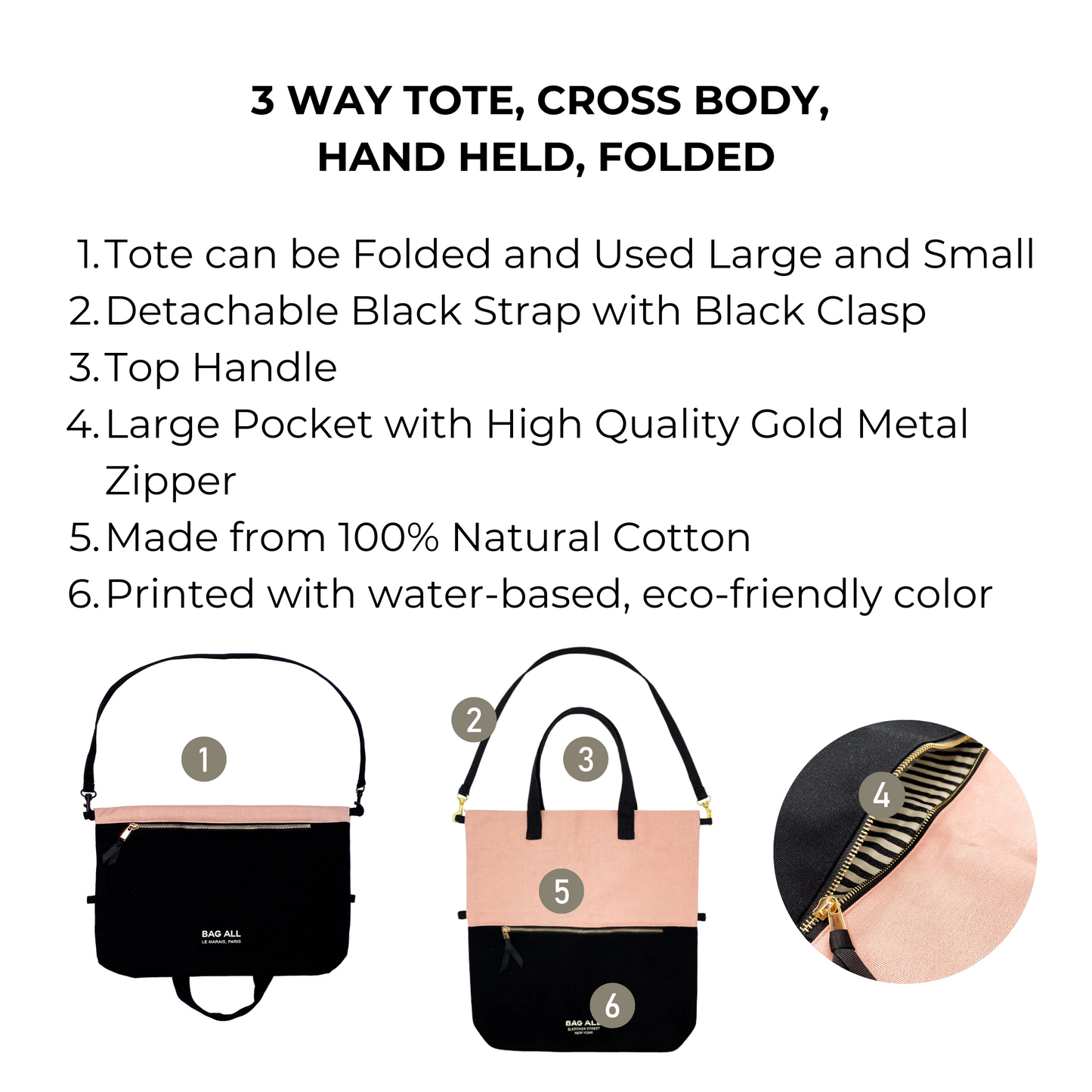 3 Way Tote, Cross body, Hand held, Folded, Pink/Black, New York - Concordia Style Boutique