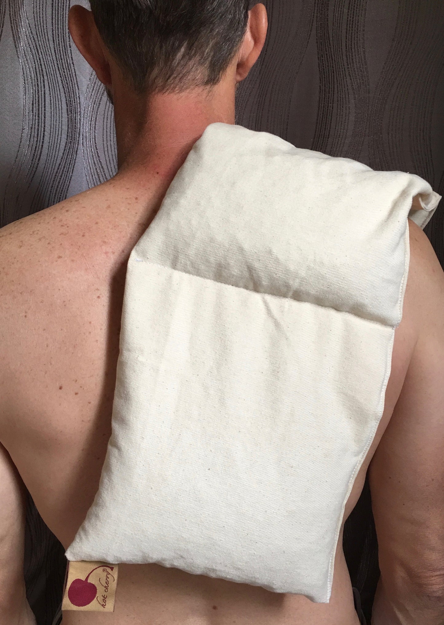 Hot Cherry Triple Square Pillow in Natural Denim